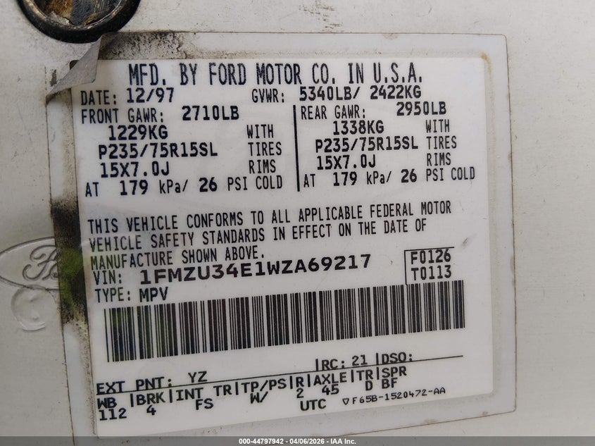 1998 Ford Explorer Eddie Bauer/Limited/Xl/Xlt VIN: 1FMZU34E1WZA69217 Lot: 44797942