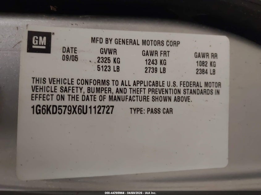 2006 Cadillac Dts Performance VIN: 1G6KD579X6U112727 Lot: 44797964