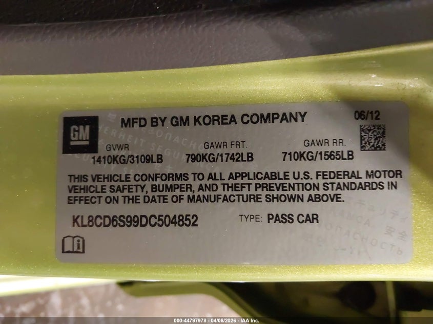 2013 Chevrolet Spark 1Lt Auto VIN: KL8CD6S99DC504852 Lot: 44797978