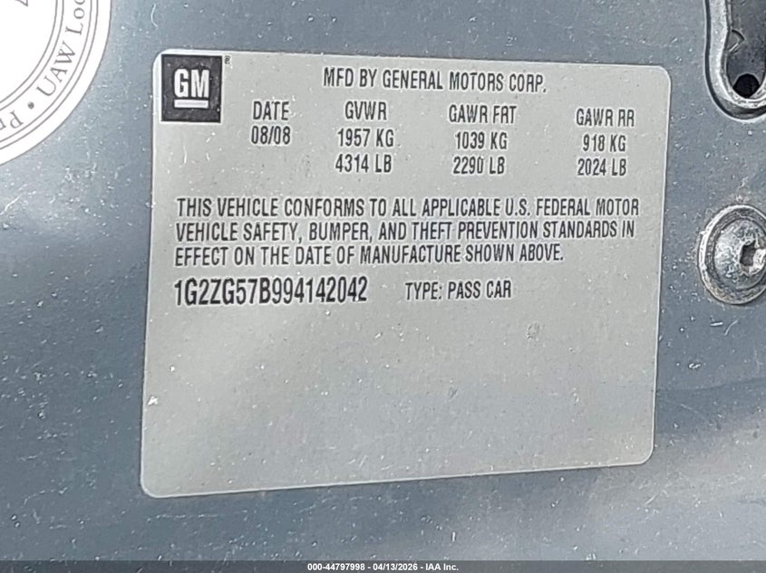 2009 Pontiac G6 VIN: 1G2ZG57B994142042 Lot: 44797998