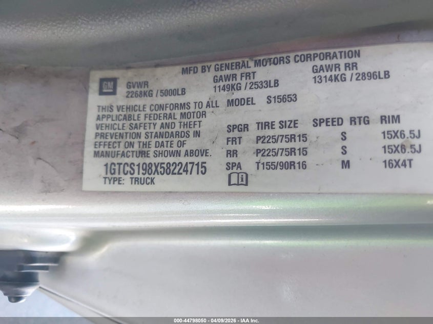 2005 GMC Canyon Sl Extended C Sl VIN: 1GTCS198X58224715 Lot: 44798050