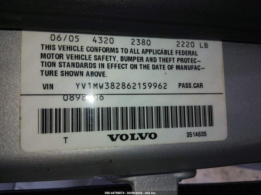 2006 Volvo V50 2.4I VIN: YV1MW382862159962 Lot: 44798074