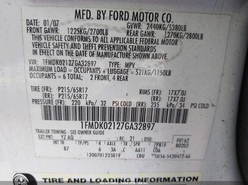 2007 Ford Freestyle Sel VIN: 1FMDK02127GA32897 Lot: 44798082