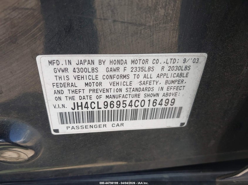 2004 Acura Tsx VIN: JH4CL96954C016499 Lot: 44798199