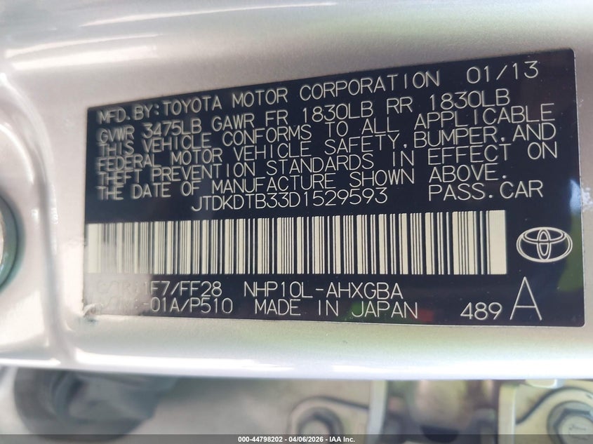 2013 Toyota Prius C Three VIN: JTDKDTB33D1529593 Lot: 44798202