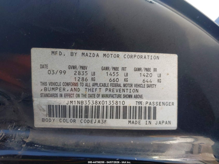 1999 Mazda Mx-5 Miata Leather Pkg/Popular Equipment Pkg/Sports Pkg/Touring Pkg VIN: JM1NB3538X0135810 Lot: 44798259