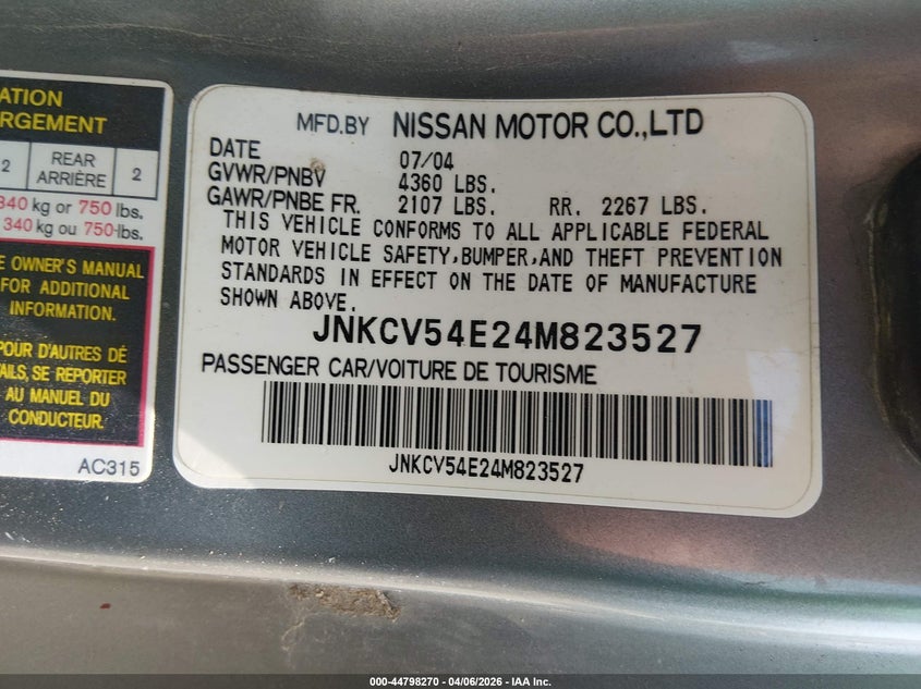 2004 Infiniti G35 VIN: JNKCV54E24M823527 Lot: 44798270