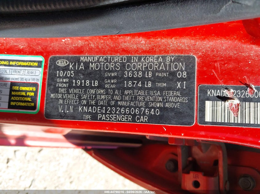 2006 Kia Rio Lx VIN: KNADE123266067640 Lot: 44798316