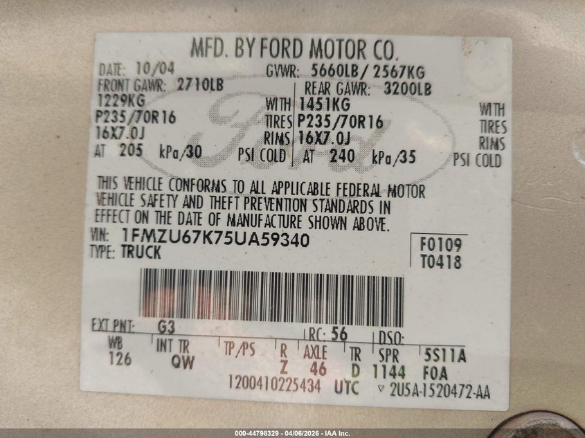 2005 Ford Explorer Sport Trac Adrenalin/Xls/Xlt VIN: 1FMZU67K75UA59340 Lot: 44798329
