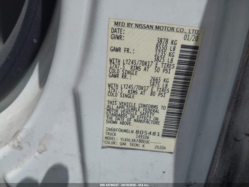 2020 Nissan Nv Cargo Nv1500 Sv Standard Roof V6 VIN: 1N6BF0KM6LN805481 Lot: 44798337