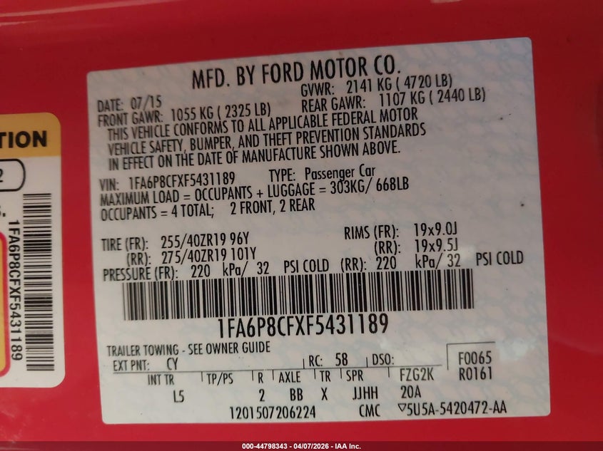 2015 FORD MUSTANG COUPE 5.0L V-8 DOHC, VVT, 435HP