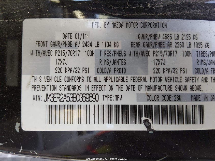 2011 Mazda Cx-7 I Sv VIN: JM3ER2A53B0369690 Lot: 44798345