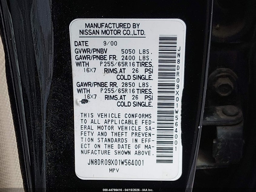 2001 Nissan Pathfinder Se VIN: JN8DR09X01W564001 Lot: 44798416