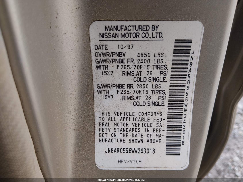 1998 Nissan Pathfinder Le/Xe VIN: JN8AR05S6WW243018 Lot: 44798441