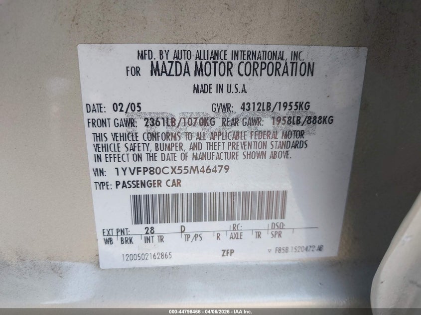 2005 Mazda Mazda6 I Base VIN: 1YVFP80CX55M46479 Lot: 44798466
