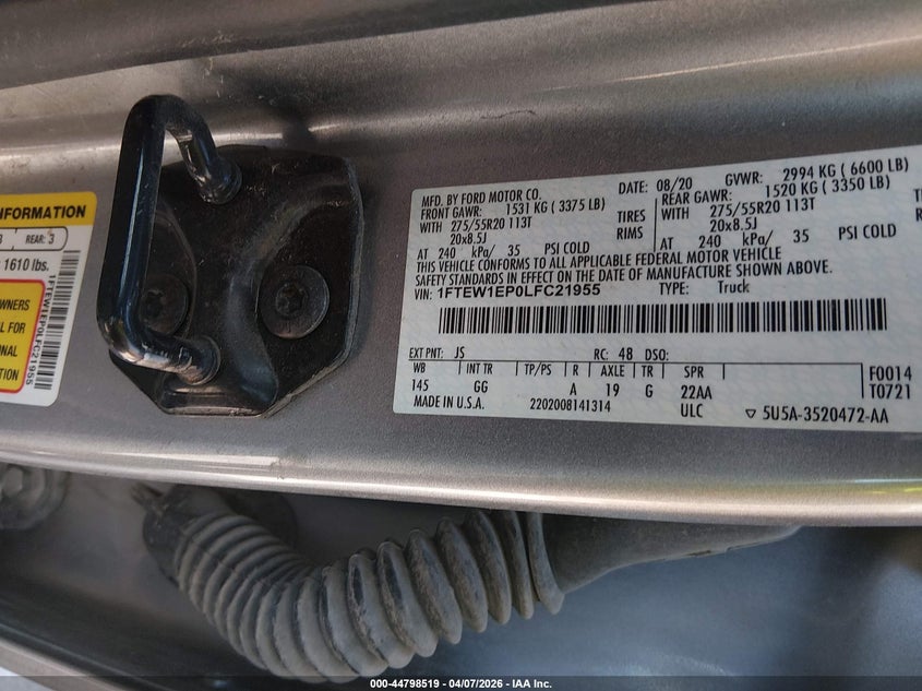 VIN 1FTEW1EP0LFC21955 2020 FORD F-150 XL