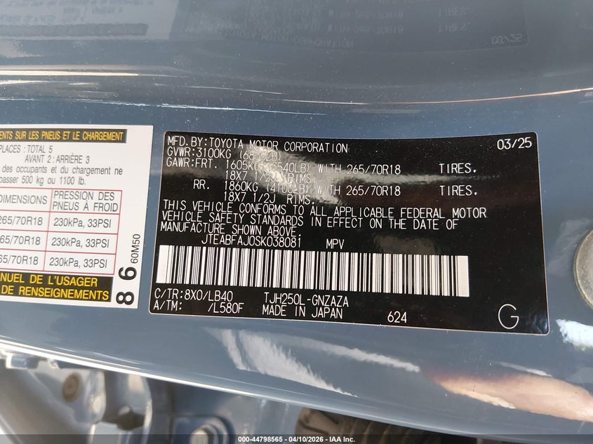 2025 Toyota Land Cruiser VIN: JTEABFAJ0SK038081 Lot: 44798565