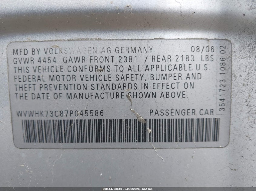 2007 Volkswagen Passat 2.0T VIN: WVWHK73C87P045586 Lot: 44798610