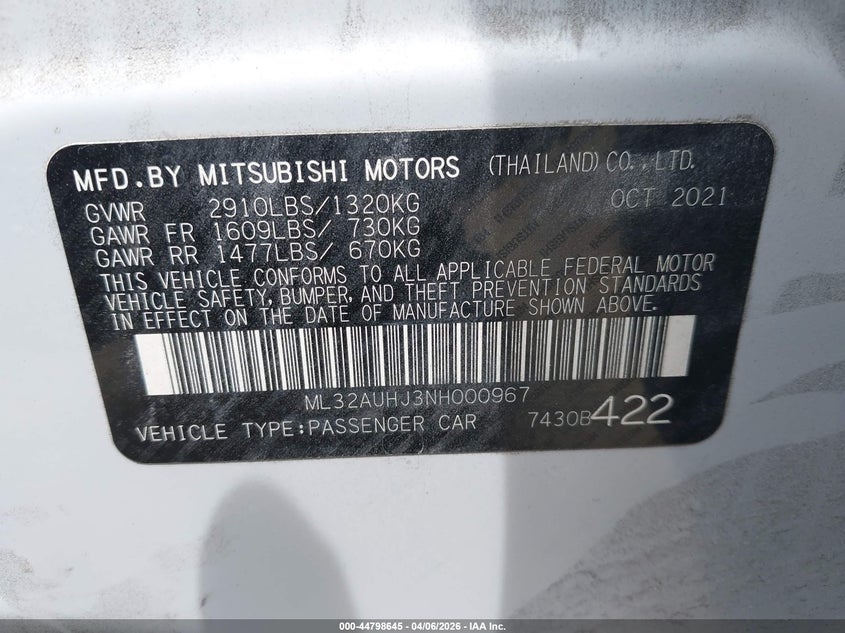 2022 Mitsubishi Mirage Es/Le VIN: ML32AUHJ3NH000967 Lot: 44798645
