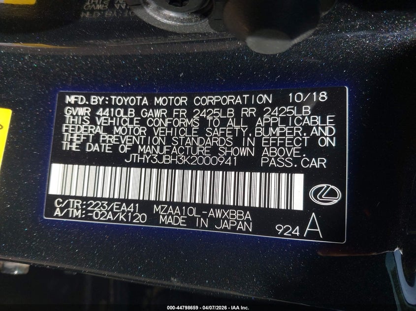 2019 Lexus Ux 200 VIN: JTHY3JBH3K2000941 Lot: 44798659