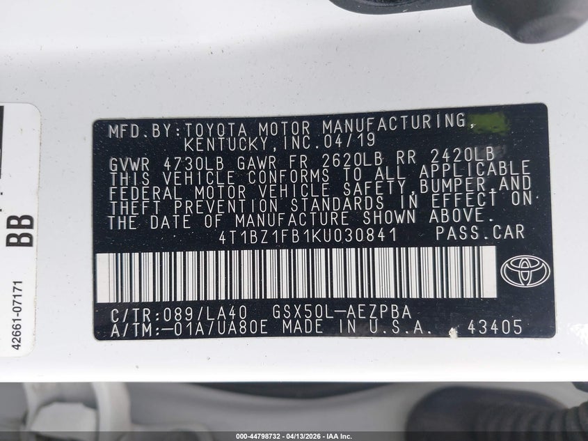 2019 Toyota Avalon Limited VIN: 4T1BZ1FB1KU030841 Lot: 44798732