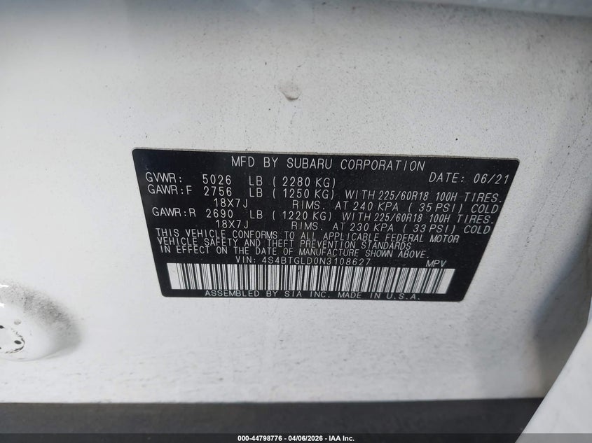 2022 Subaru Outback Onyx Edition Xt VIN: 4S4BTGLD0N3108627 Lot: 44798776