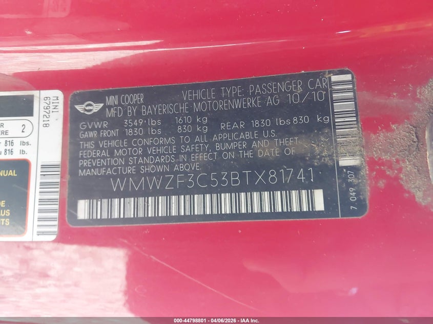 2011 Mini Cooper Clubman VIN: WMWZF3C53BTX81741 Lot: 44798801