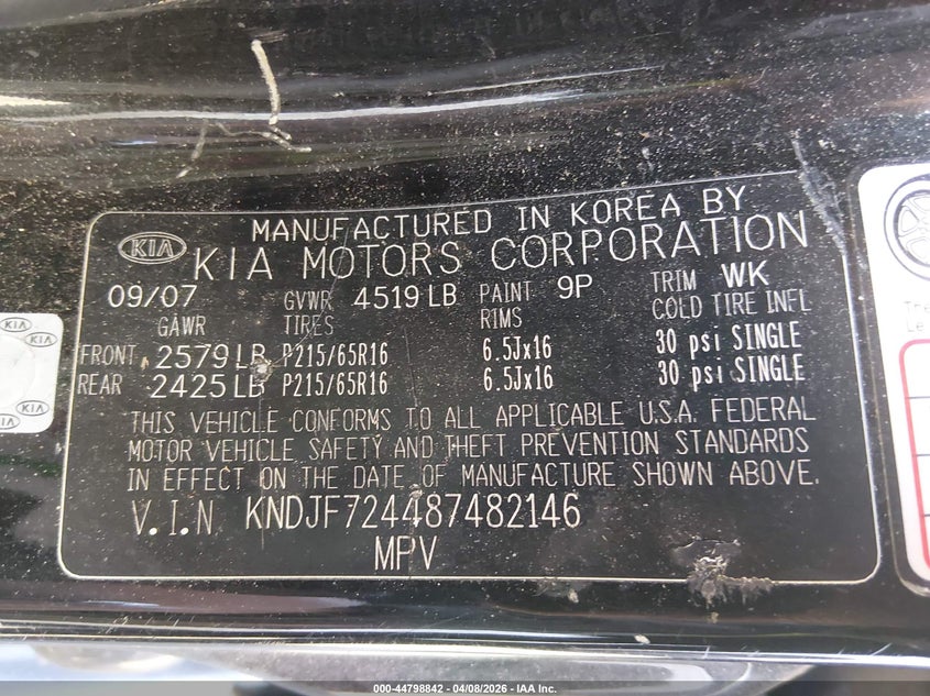 2008 Kia Sportage Lx VIN: KNDJF724487482146 Lot: 44798842