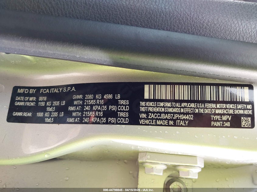 2018 Jeep Renegade Sport 4X4 VIN: ZACCJBAB7JPH94402 Lot: 44798845