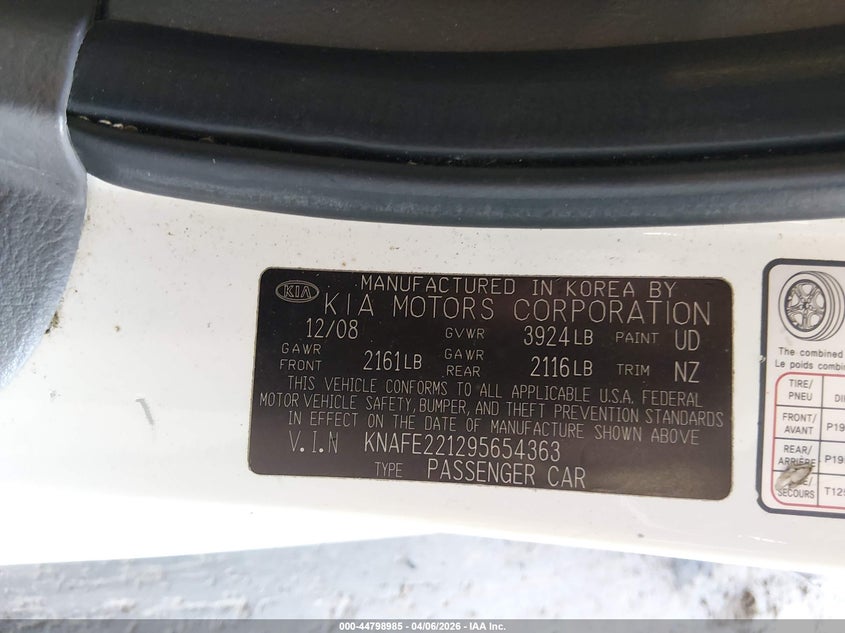 2009 Kia Spectra Ex VIN: KNAFE221295654363 Lot: 44798985