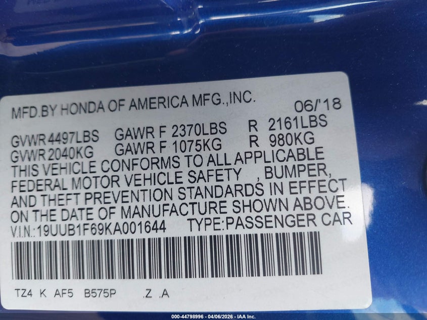 2019 Acura Tlx Tech A-Spec Pkgs VIN: 19UUB1F69KA001644 Lot: 44798996