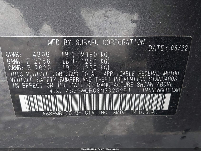 2022 Subaru Legacy Touring Xt VIN: 4S3BWGP63N3025281 Lot: 44798999