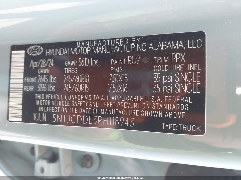 2024 Hyundai Santa Cruz Sel VIN: 5NTJCDDE3RH118943 Lot: 44799020