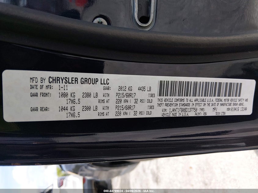 2011 Jeep Compass VIN: 1J4NT1FB0BD137750 Lot: 44799024