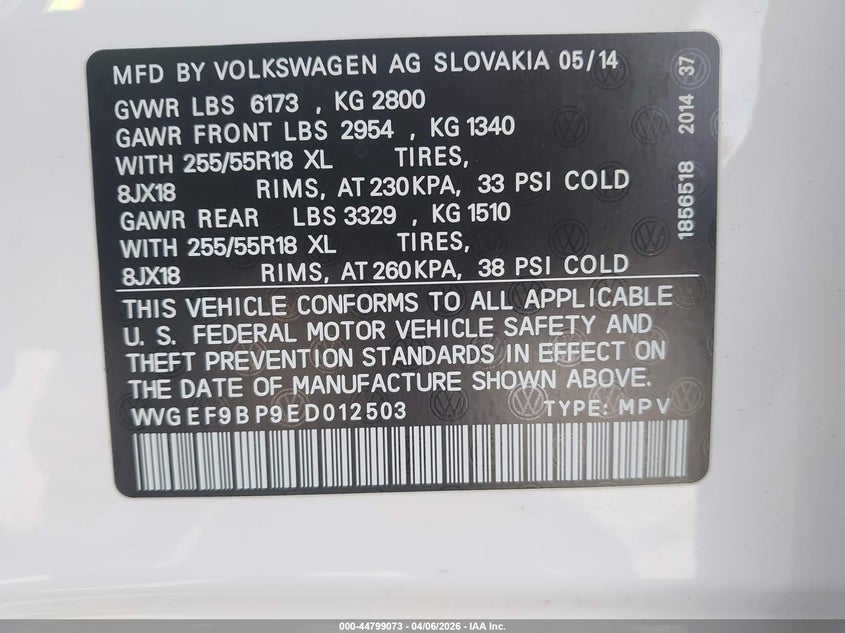 2014 Volkswagen Touareg 3.6L Sport VIN: WVGEF9BP9ED012503 Lot: 44799073