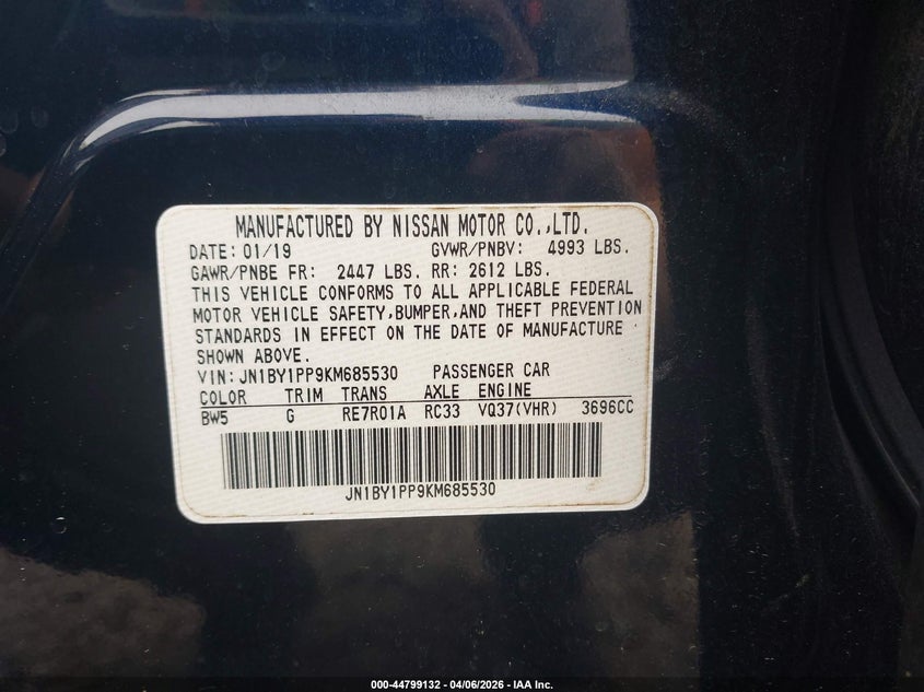 2019 Infiniti Q70L 3.7 Luxe VIN: JN1BY1PP9KM685530 Lot: 44799132