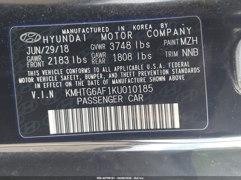 2019 Hyundai Veloster 2.0 VIN: KMHTG6AF1KU010185 Lot: 44799161