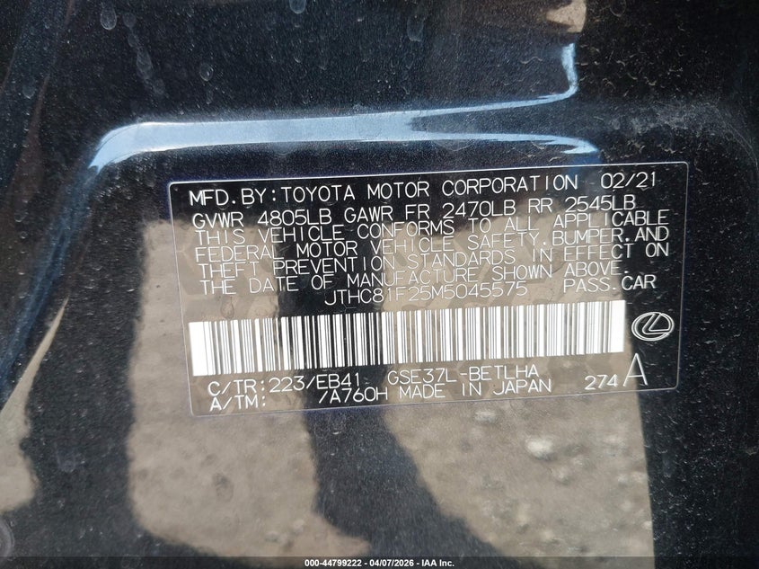2021 Lexus Is 300 VIN: JTHC81F25M5045575 Lot: 44799222