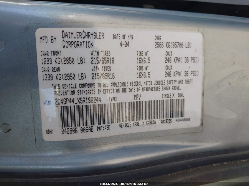 2005 Dodge Grand Caravan Sxt VIN: 2D4GP44LX5R196244 Lot: 44799237