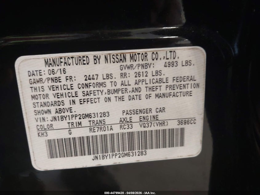 2016 Infiniti Q70L 3.7 VIN: JN1BY1PP2GM631283 Lot: 44799428