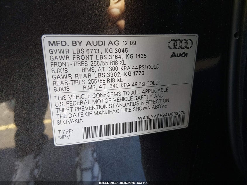 2010 Audi Q7 3.6 Premium VIN: WA1LYAFE9AD003370 Lot: 44799457