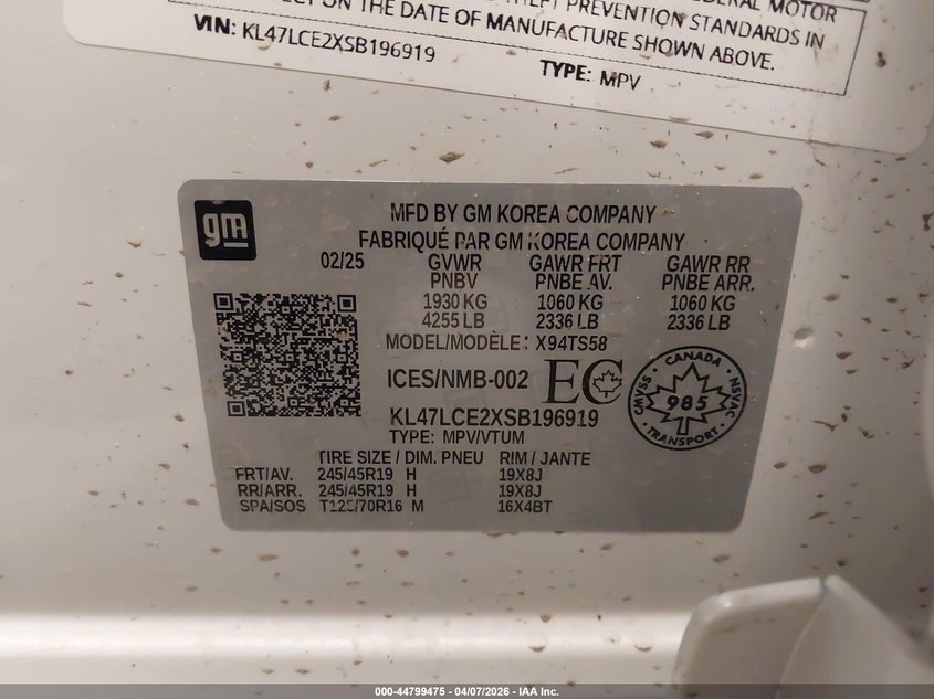 2025 Buick Envista Avenir Fwd VIN: KL47LCE2XSB196919 Lot: 44799475