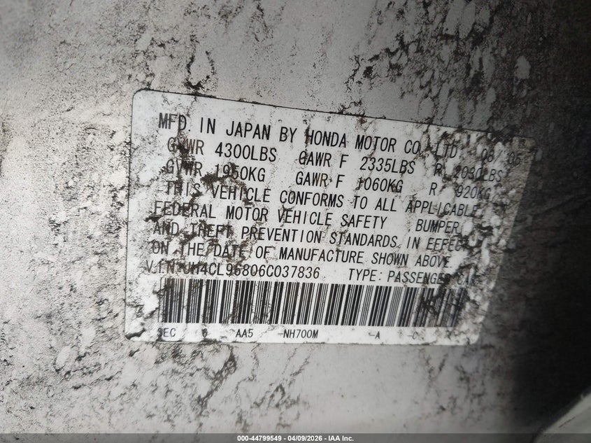 2006 Acura Tsx VIN: JH4CL96806C037836 Lot: 44799549