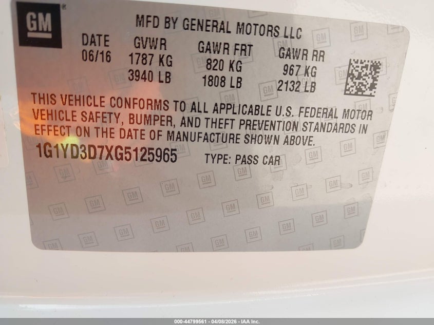 2016 Chevrolet Corvette Stingray VIN: 1G1YD3D7XG5125965 Lot: 44799561