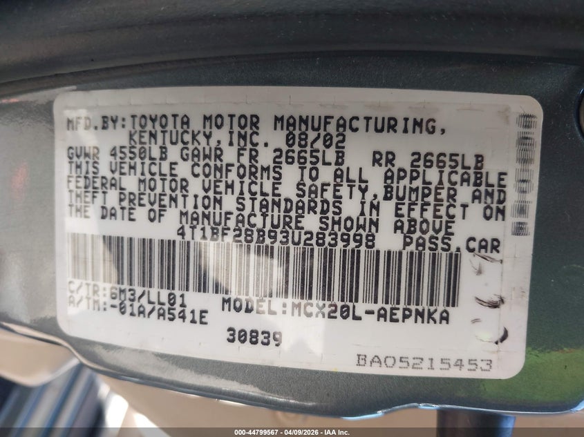 2003 Toyota Avalon Xl VIN: 4T1BF28B93U283998 Lot: 44799567