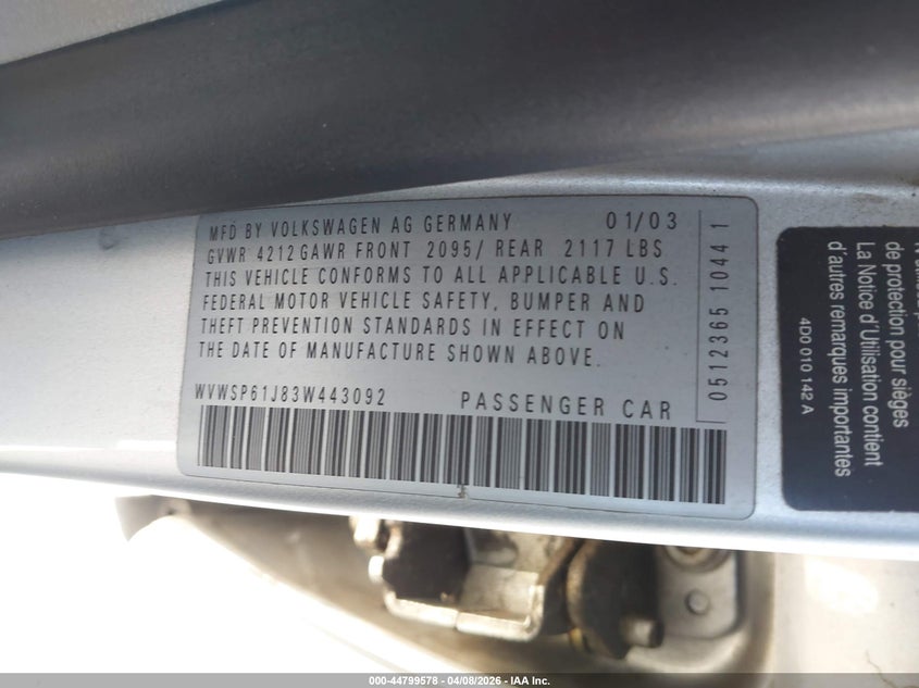 2003 Volkswagen Jetta Gls Tdi VIN: WVWSP61J83W443092 Lot: 44799578