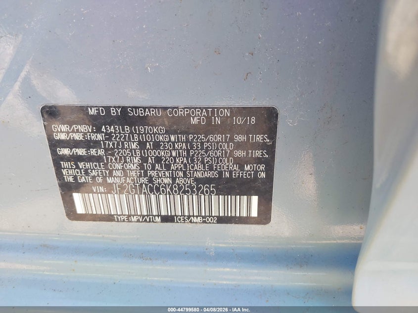 SUBARU CROSSTREK 2019 VIN JF2GTACC6K8253265
