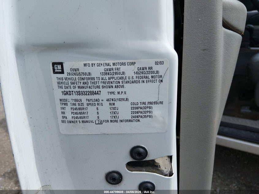 2003 GMC Envoy Slt VIN: 1GKDT13S932288447 Lot: 44799608