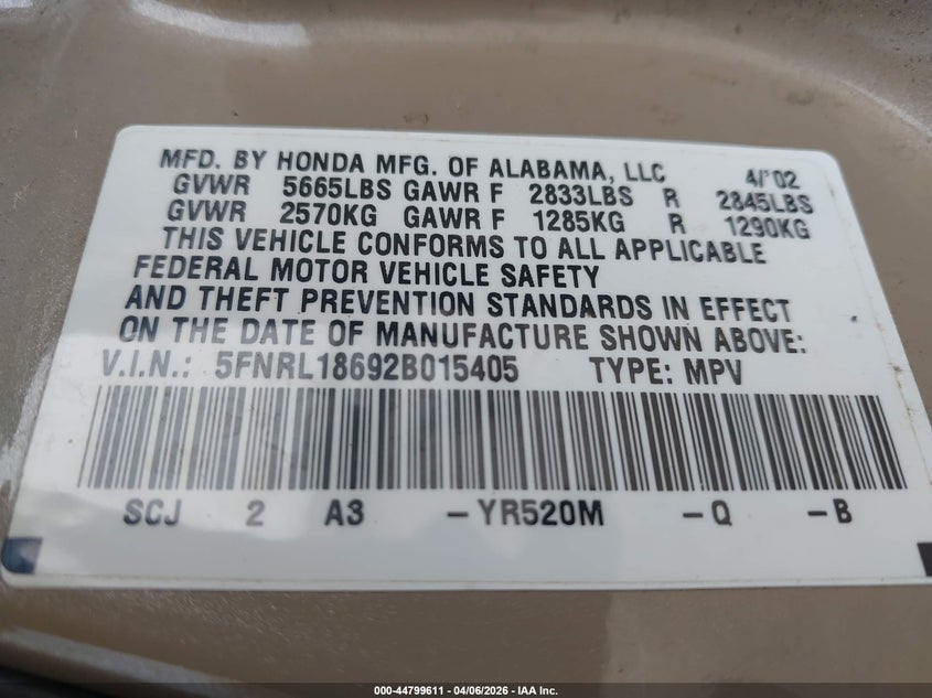 2002 Honda Odyssey Ex VIN: 5FNRL18692B015405 Lot: 44799611