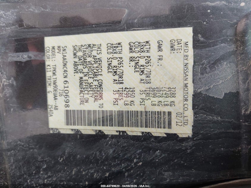 2012 Nissan Armada Sv VIN: 5N1AA0NC4CN610698 Lot: 44799620